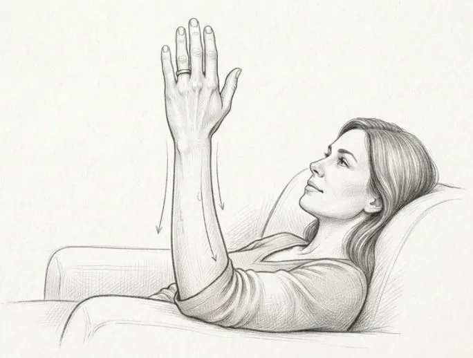 A woman raising her hand above the level of her heart and holding it